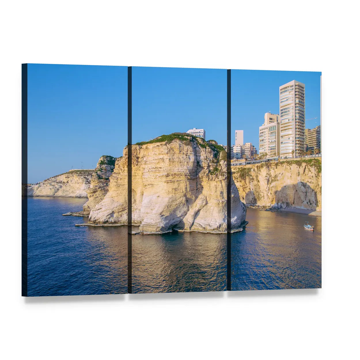 Beirut Pigeon Rocks Coastal Cliffs Canvas Wall Art, 3 panel 3 Horizontal layout gallery wrapped canvas set, angled product view