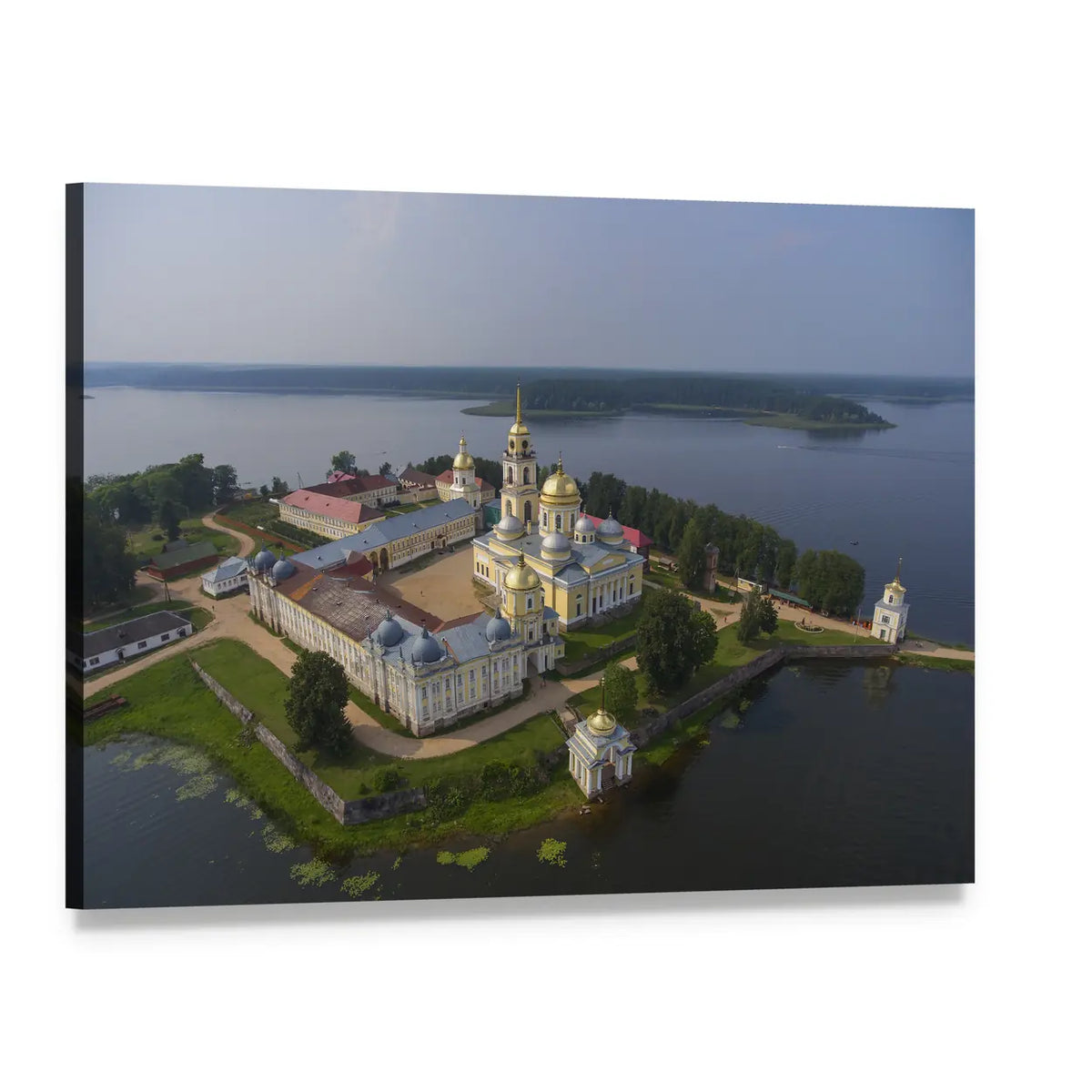 Aerial View of Lakefront Monastery with Golden Domes Canvas Wall Art, single panel gallery wrapped canvas, angled product view