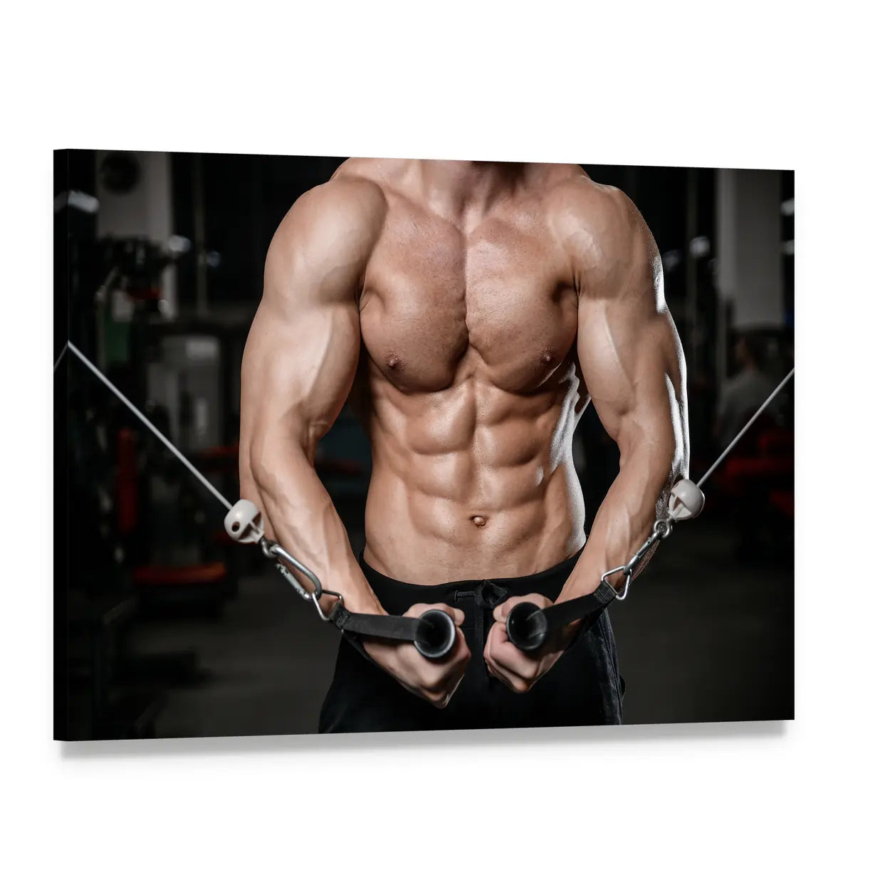 Muscular Man at Cable Crossover Canvas Wall Art, single panel gallery wrapped canvas, angled product view