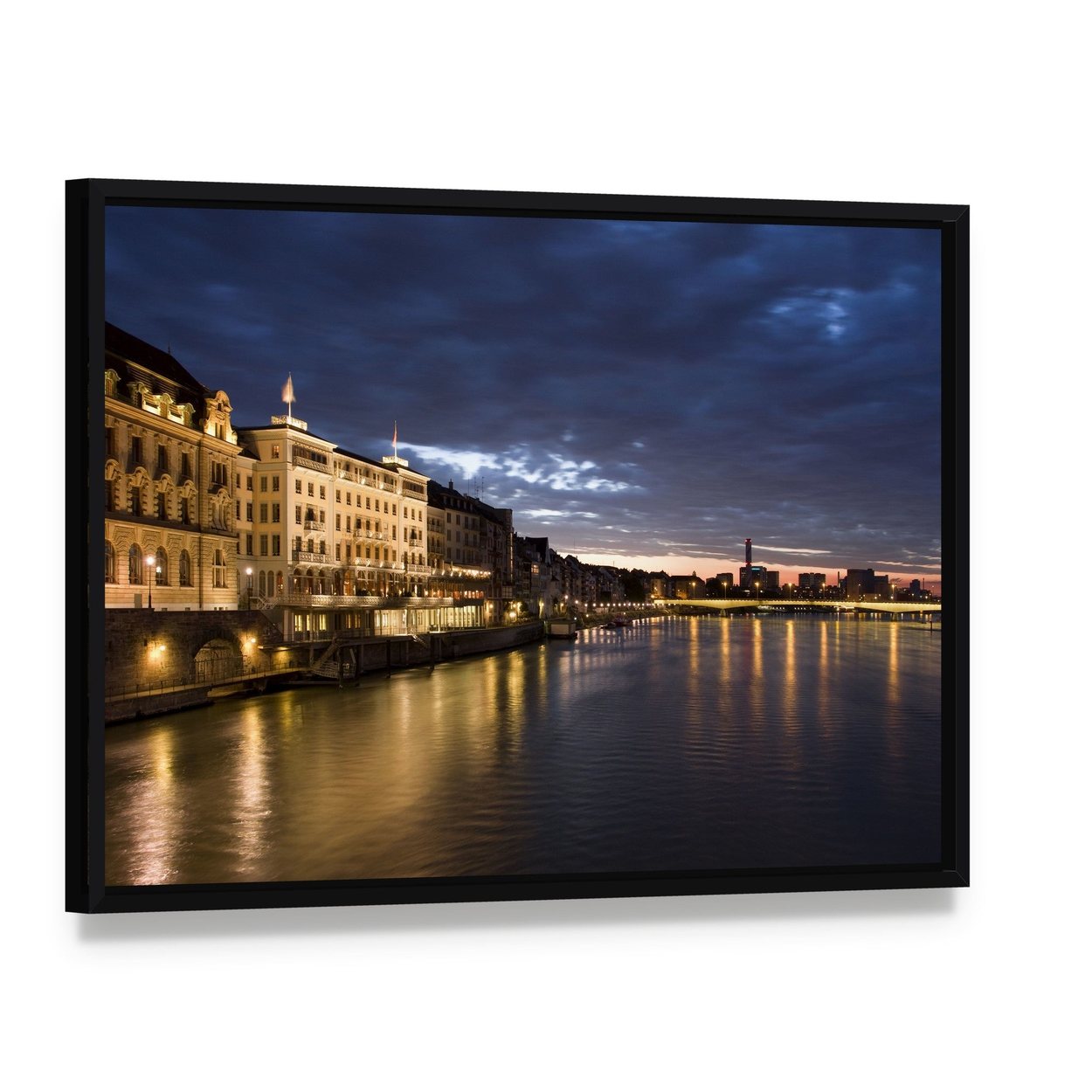 Old Basel Switzerland Canvas Wall Art, framed canvas in a black floater frame, angled product view