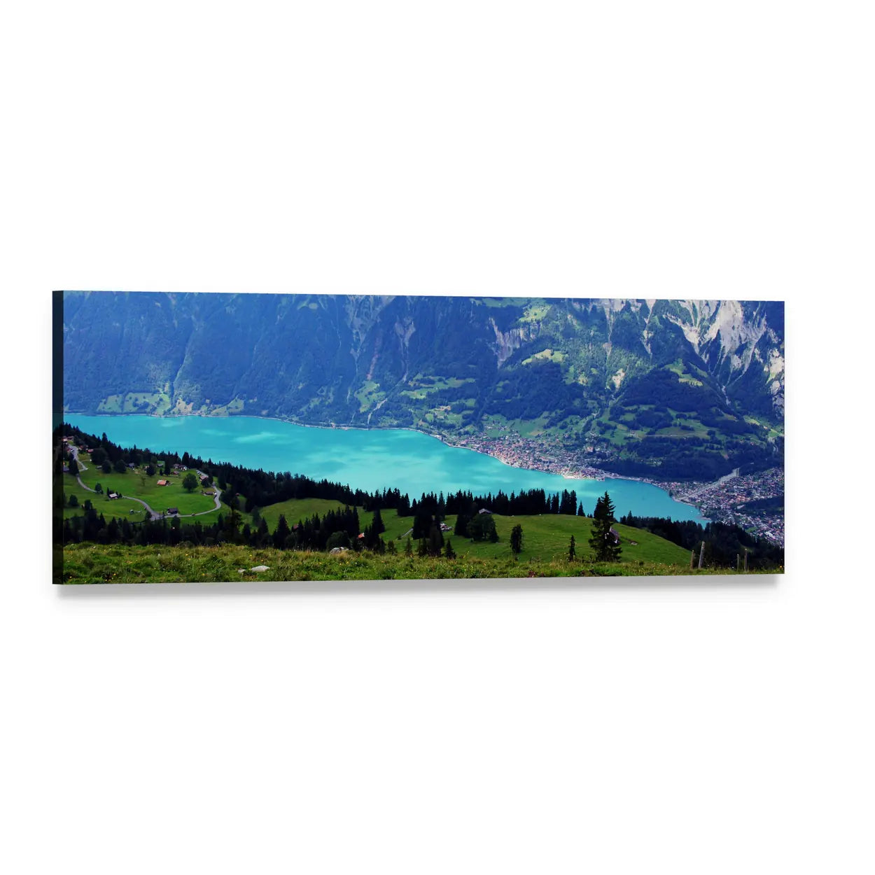 Alpine Lake with Turquoise Water Panoramic Canvas Wall Art, single panel gallery wrapped canvas, angled product view