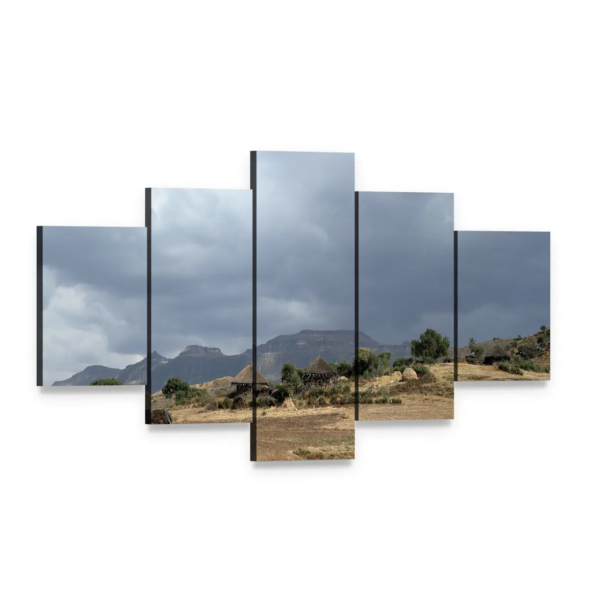 Thatched Huts in Rural Africa Canvas Wall Art, 5 panel 5 Star layout gallery wrapped canvas set, angled product view