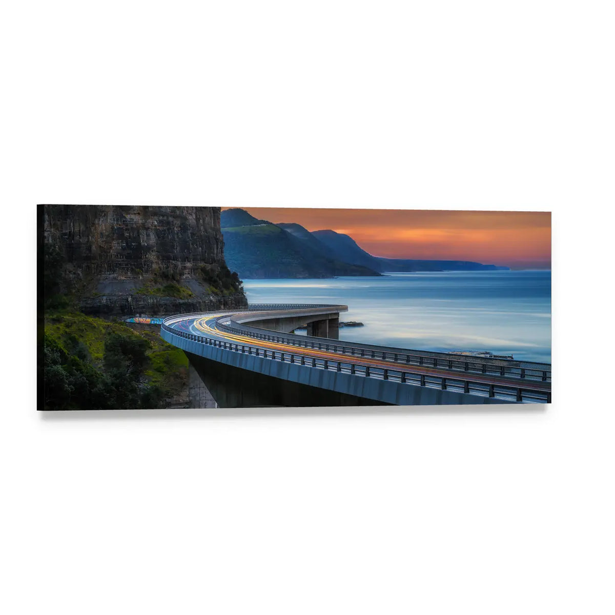 Australian Pacific Coast at Sunset Panoramic Canvas Wall Art, single panel gallery wrapped canvas, angled product view