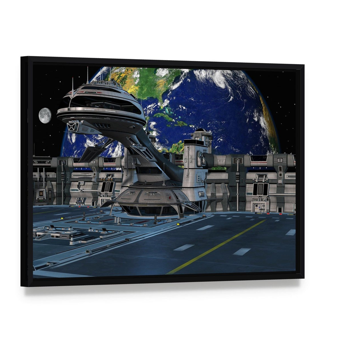 Futuristic Space Station Canvas Wall Art, framed canvas in a black floater frame, angled product view