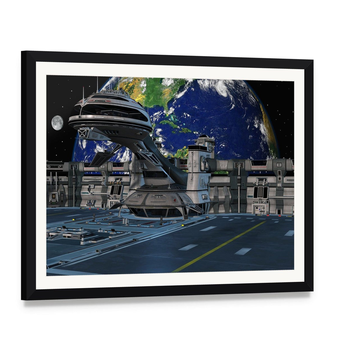 Futuristic Space Station Canvas Wall Art, framed print with white mat and black frame, angled product view
