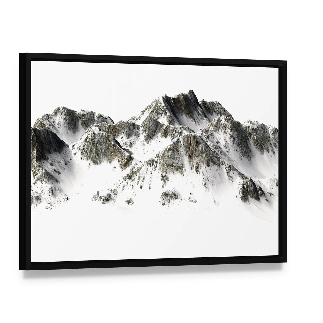 Snowy Mountain Peak Canvas Wall Art, framed canvas in a black floater frame, angled product view