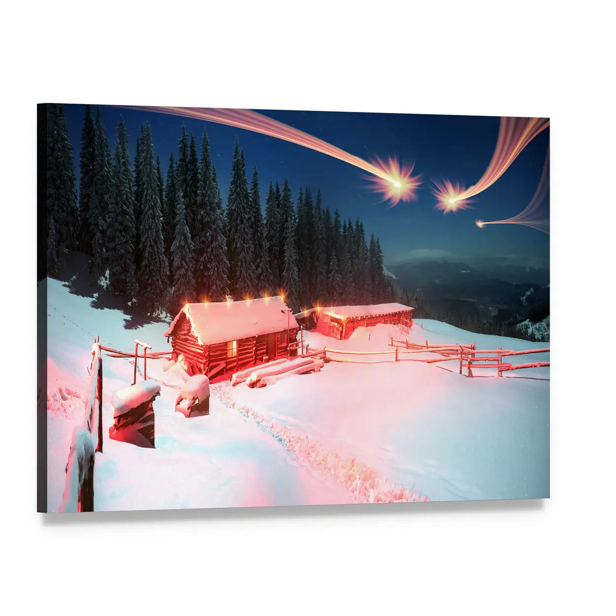 Snowy Cabins with Shooting Stars Canvas Wall Art, single panel gallery wrapped canvas, angled product view