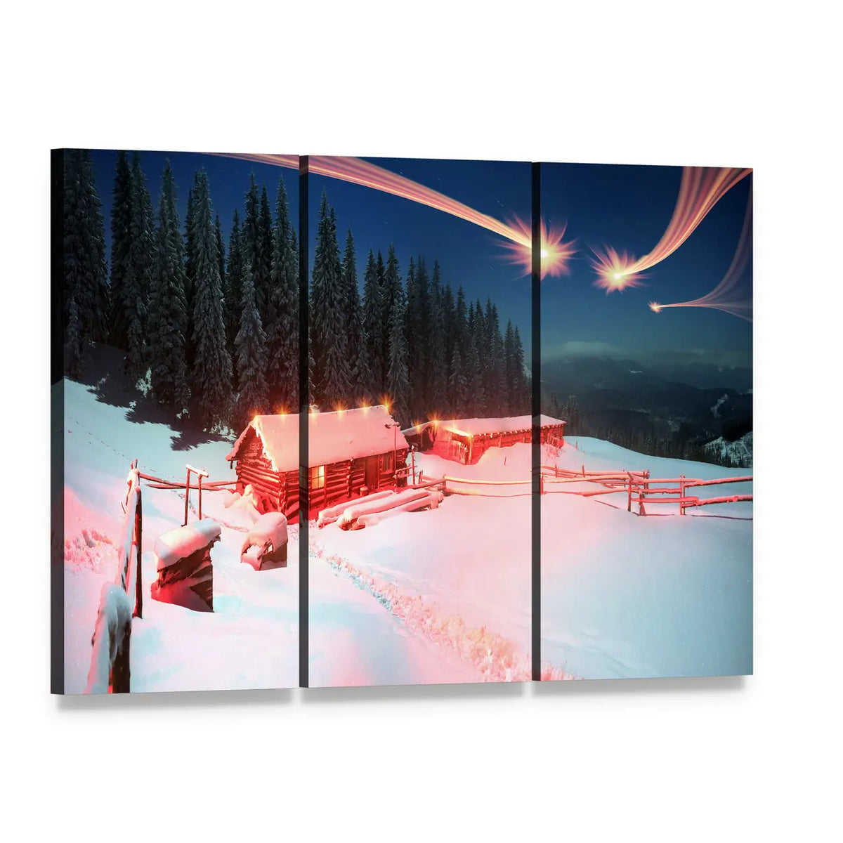 Snowy Cabins with Shooting Stars Canvas Wall Art, 3 panel 3 Horizontal layout gallery wrapped canvas set, angled product view