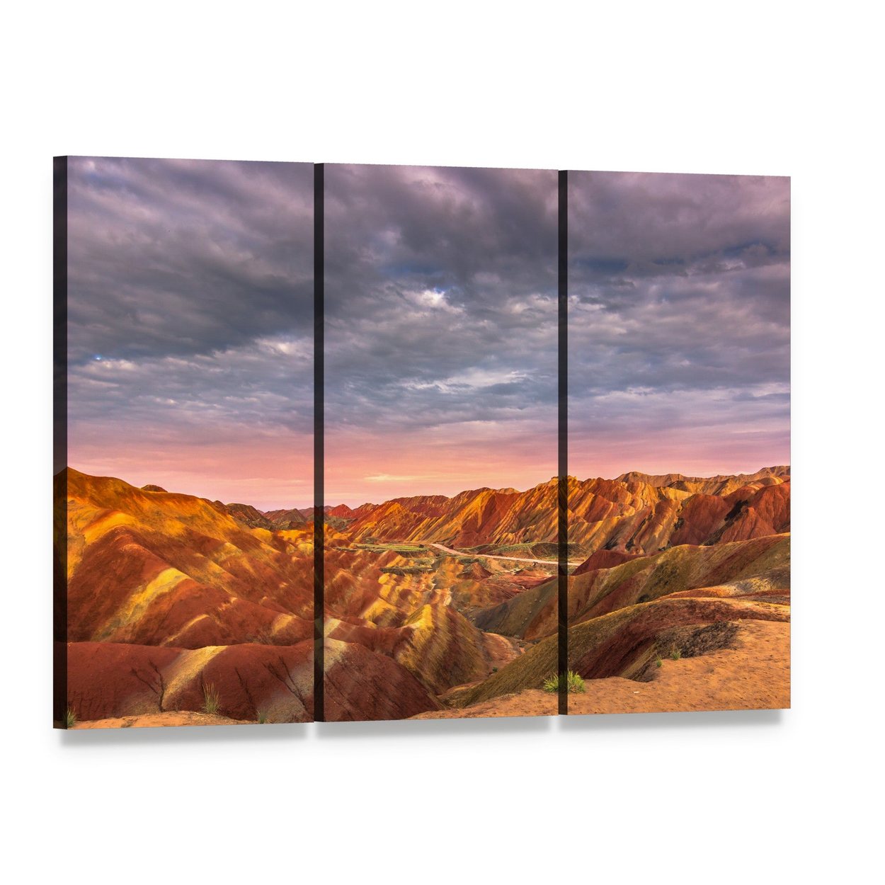 Zhangye Rainbow Mountains at Sunset Canvas Wall Art, 3 panel 3 Horizontal layout gallery wrapped canvas set, angled product view