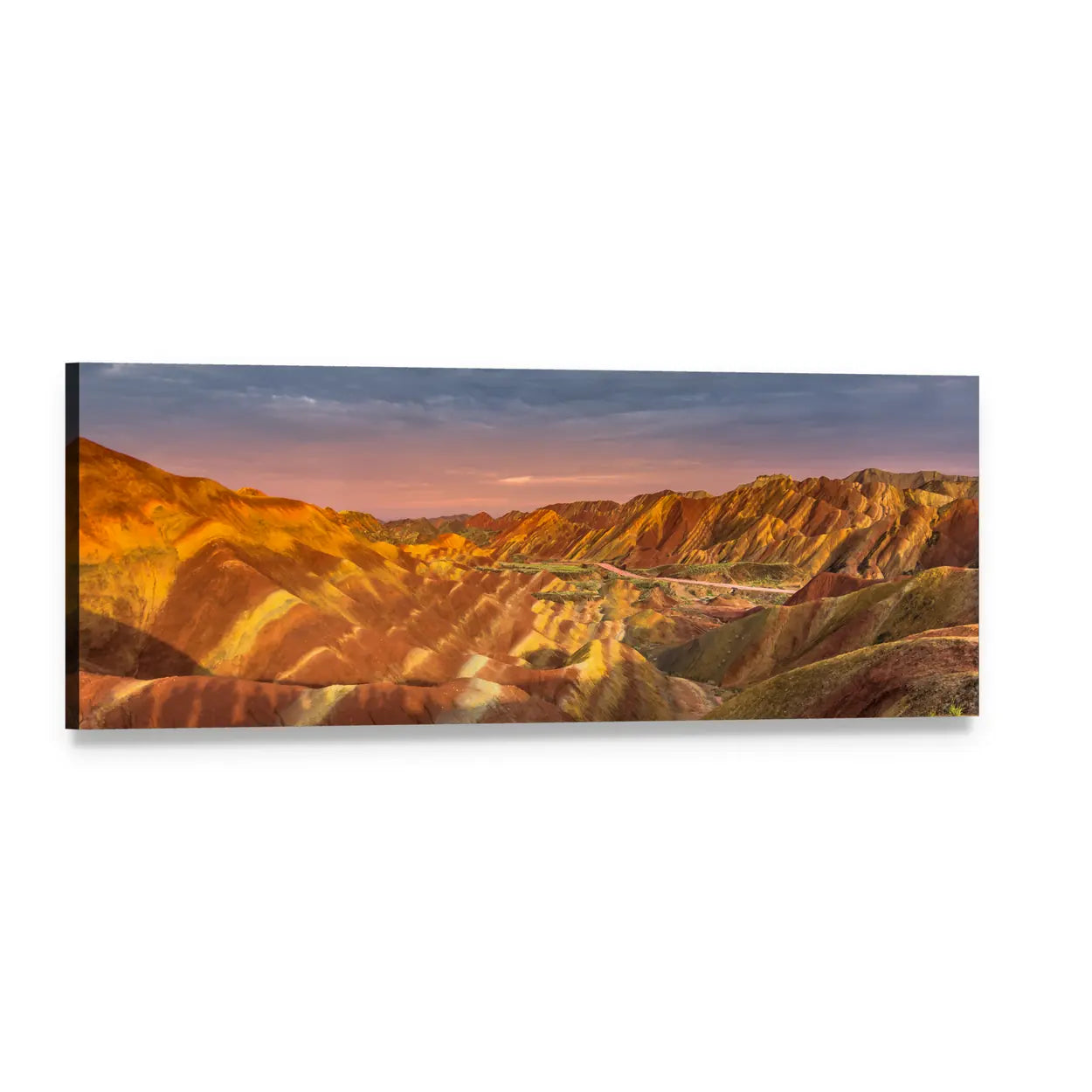 Rainbow Mountains at Sunset Panoramic Canvas Wall Art, single panel gallery wrapped canvas, angled product view