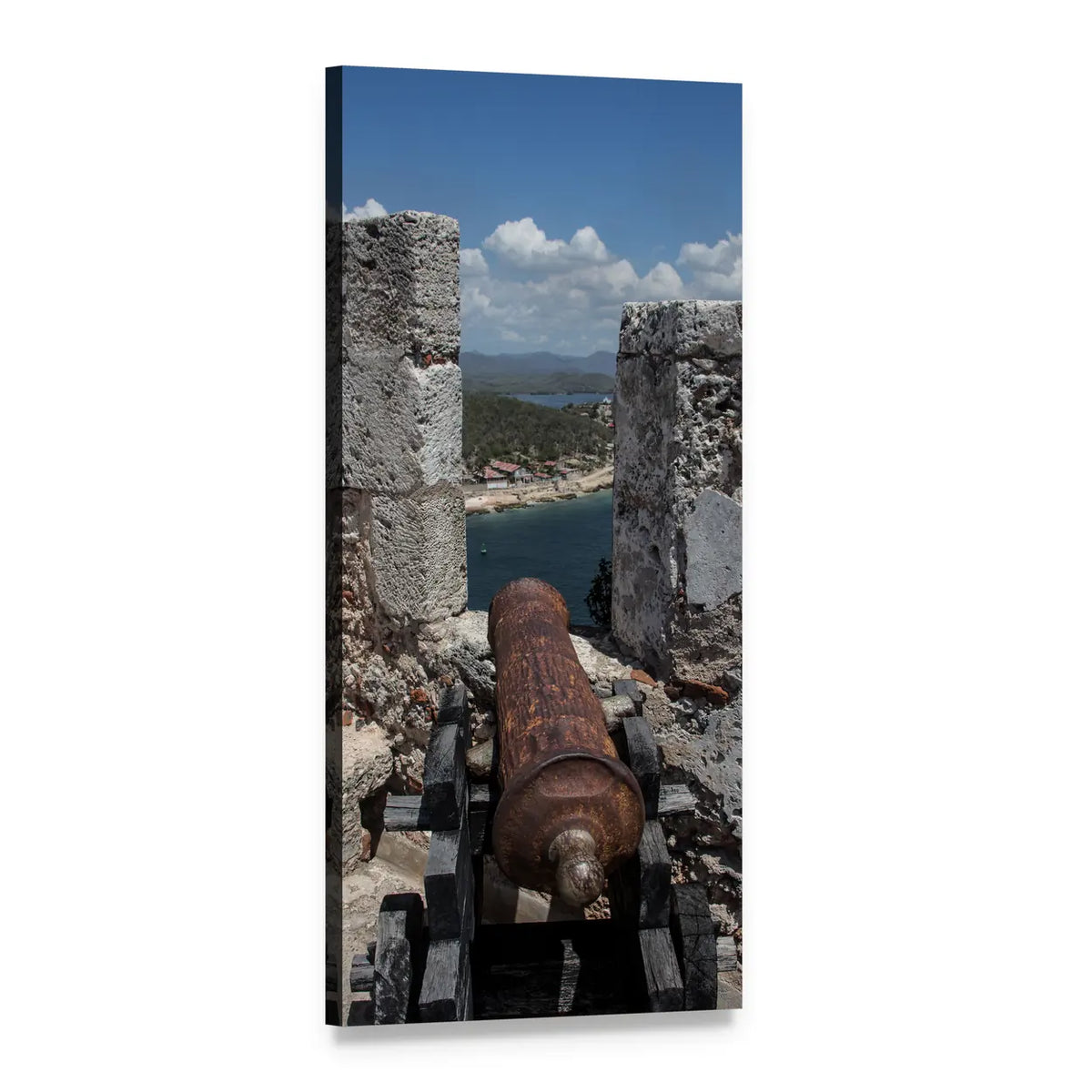 Fortress Gun in Ocean Vertical Canvas Wall Art, 1 panel 1 Vertical layout gallery wrapped canvas set, angled product view