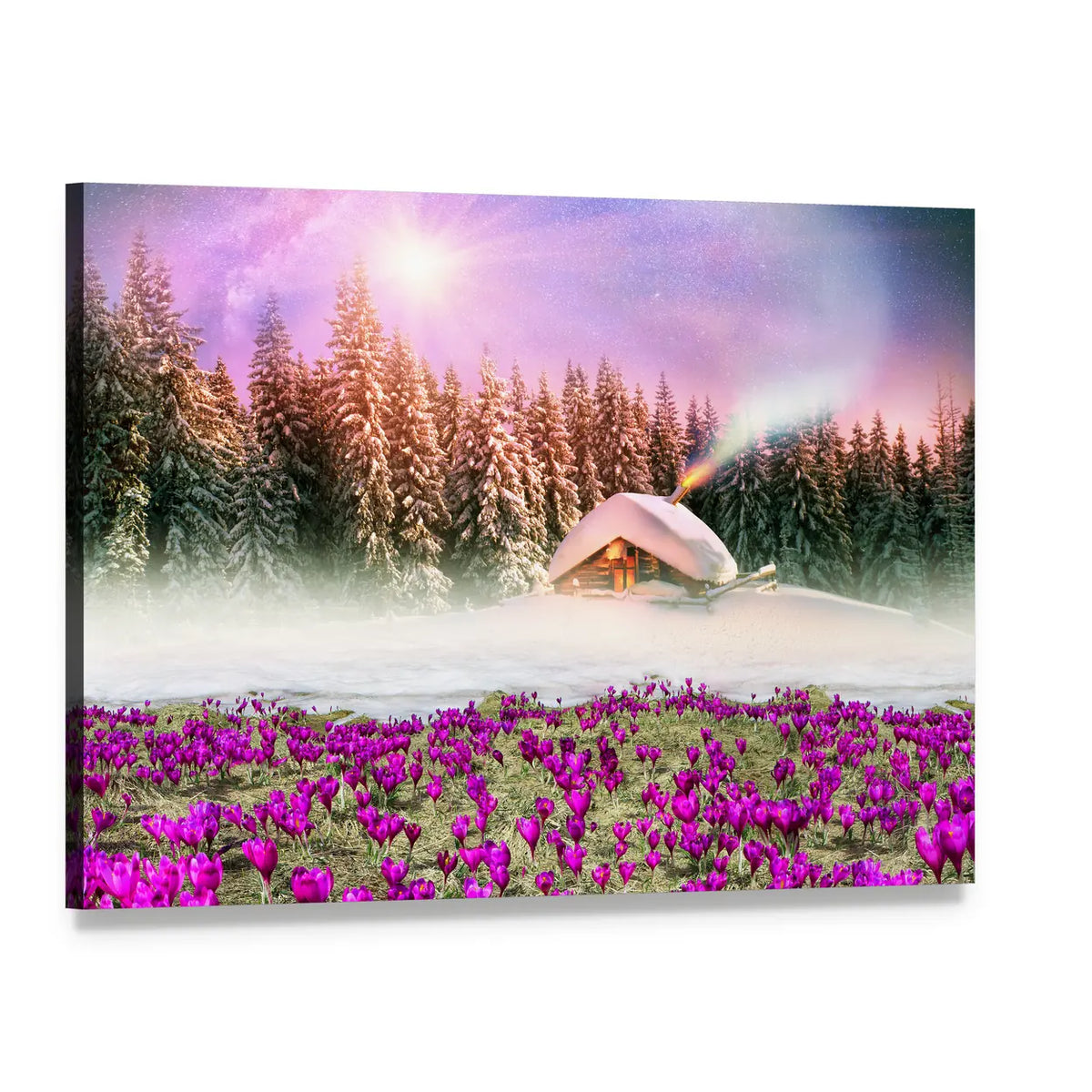 Snow-covered Cabin Under Starry Sky Canvas Wall Art, single panel gallery wrapped canvas, angled product view