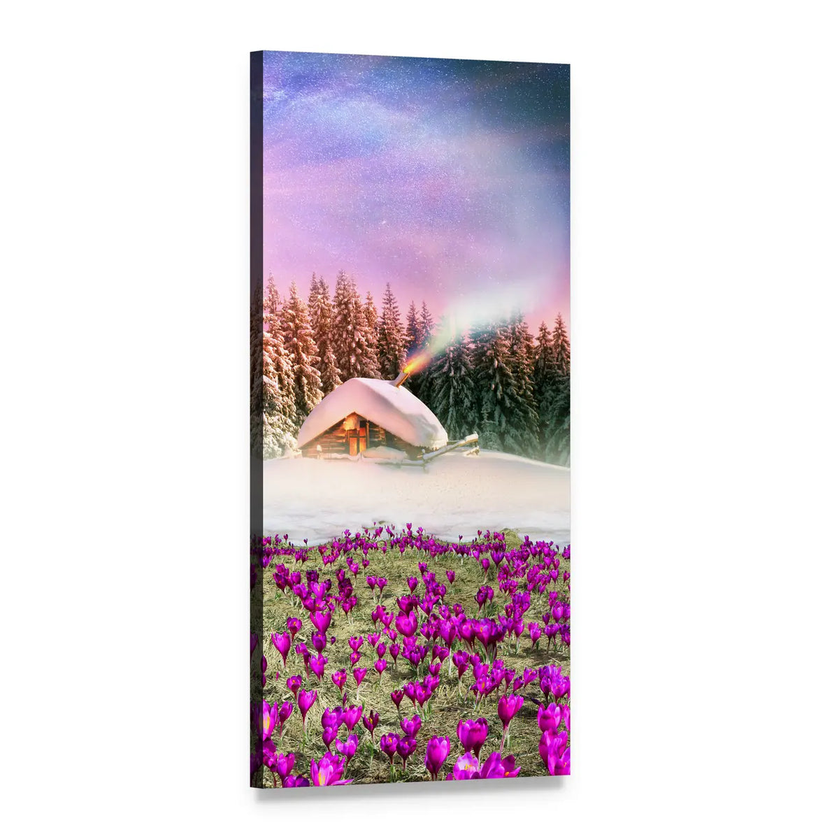 Snowy Cabin Among Purple Crocuses Vertical Canvas Wall Art, 1 panel 1 Vertical layout gallery wrapped canvas set, angled product view