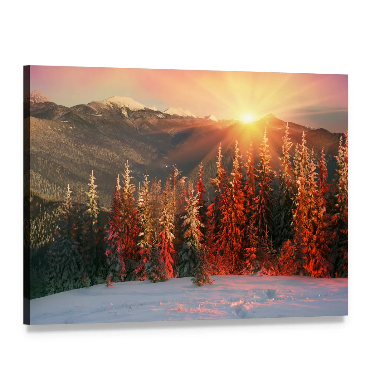 Sunrise Over Snow-capped Mountains Canvas Wall Art, single panel gallery wrapped canvas, angled product view