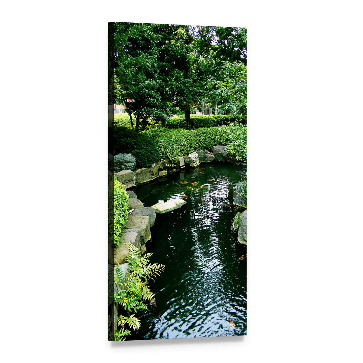 Japanese Garden Pond with Koi Vertical Canvas Wall Art, 1 panel 1 Vertical layout gallery wrapped canvas set, angled product view