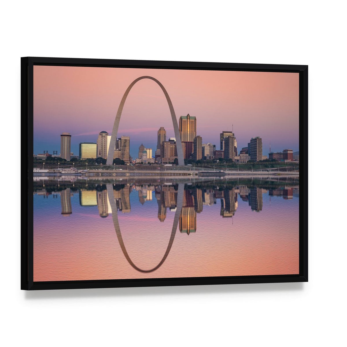 St Louis Skyline at Dusk Canvas Wall Art, framed canvas in a black floater frame, angled product view