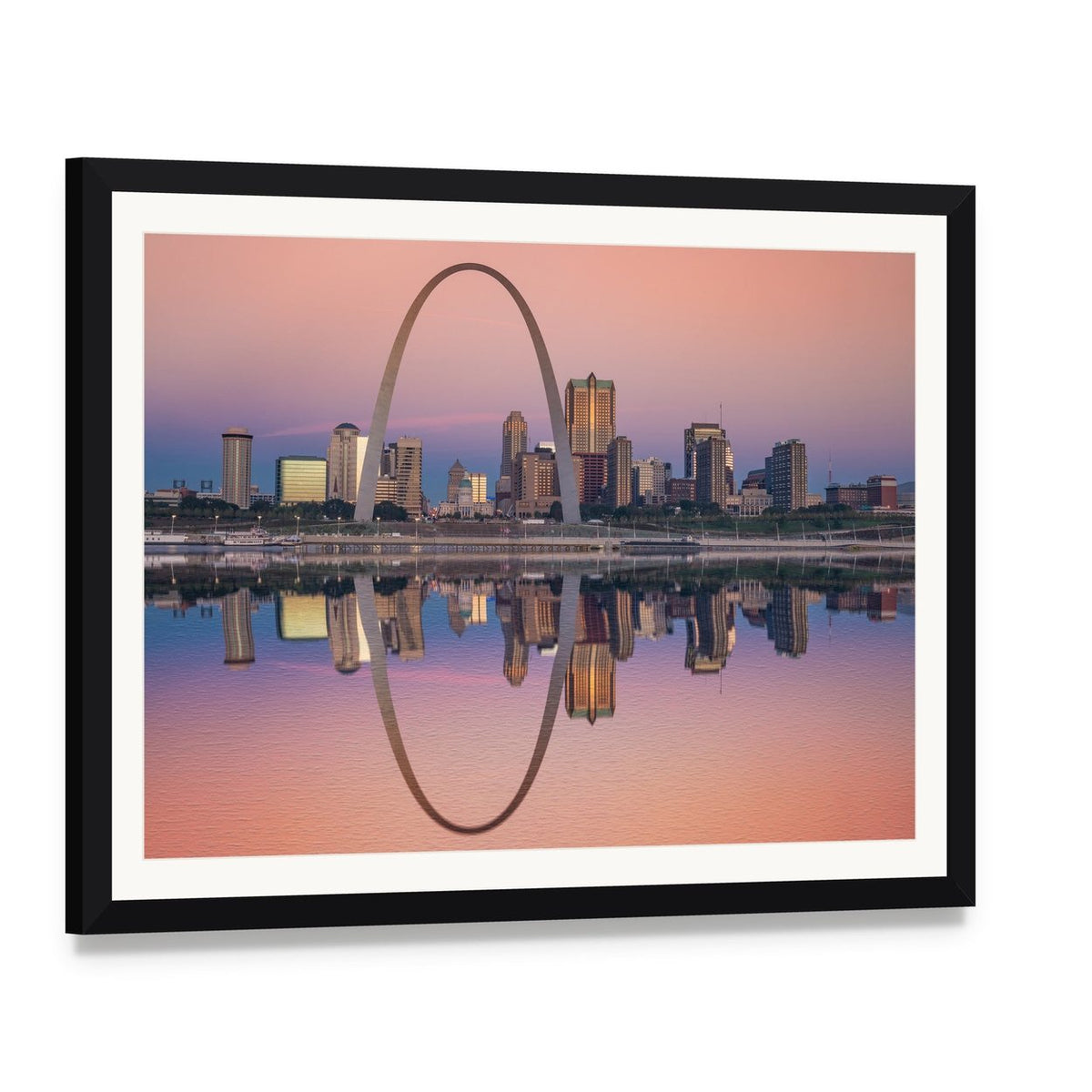 St Louis Skyline at Dusk Canvas Wall Art, framed print with white mat and black frame, angled product view