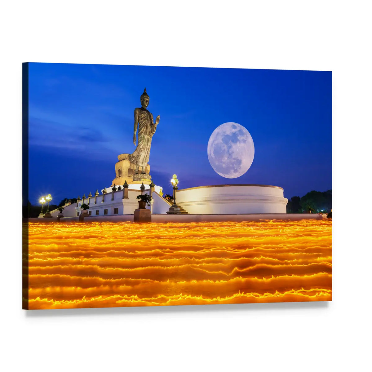 Buddha Temple Under Full Moon Canvas Wall Art, single panel gallery wrapped canvas, angled product view