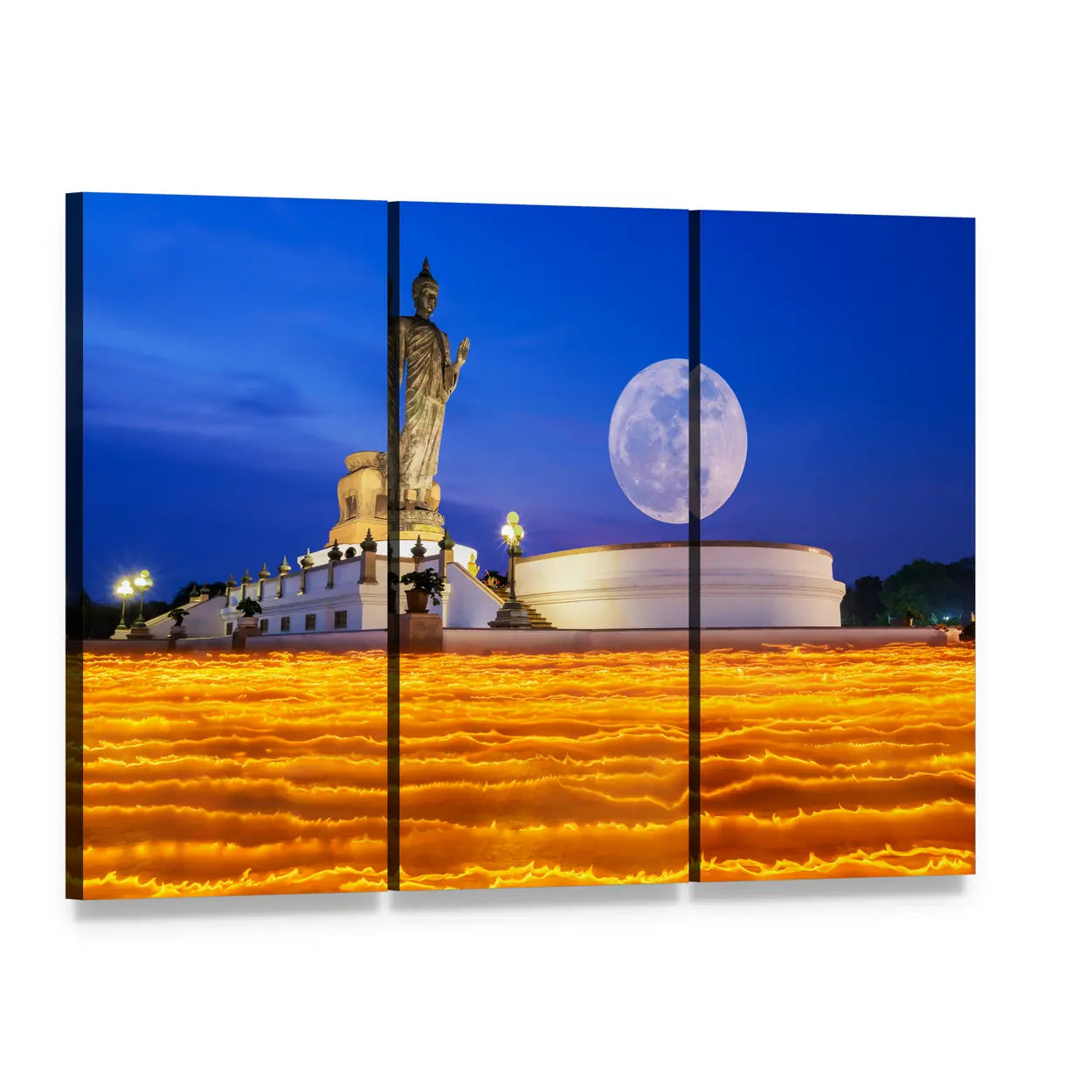 Buddha Temple Under Full Moon Canvas Wall Art, 3 panel 3 Horizontal layout gallery wrapped canvas set, angled product view