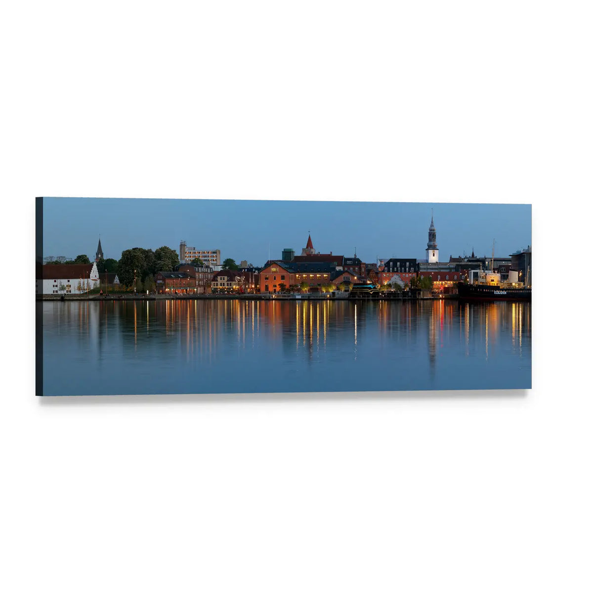 Aalborg Night Skyline with Water Reflections Panoramic Canvas Wall Art, single panel gallery wrapped canvas, angled product view