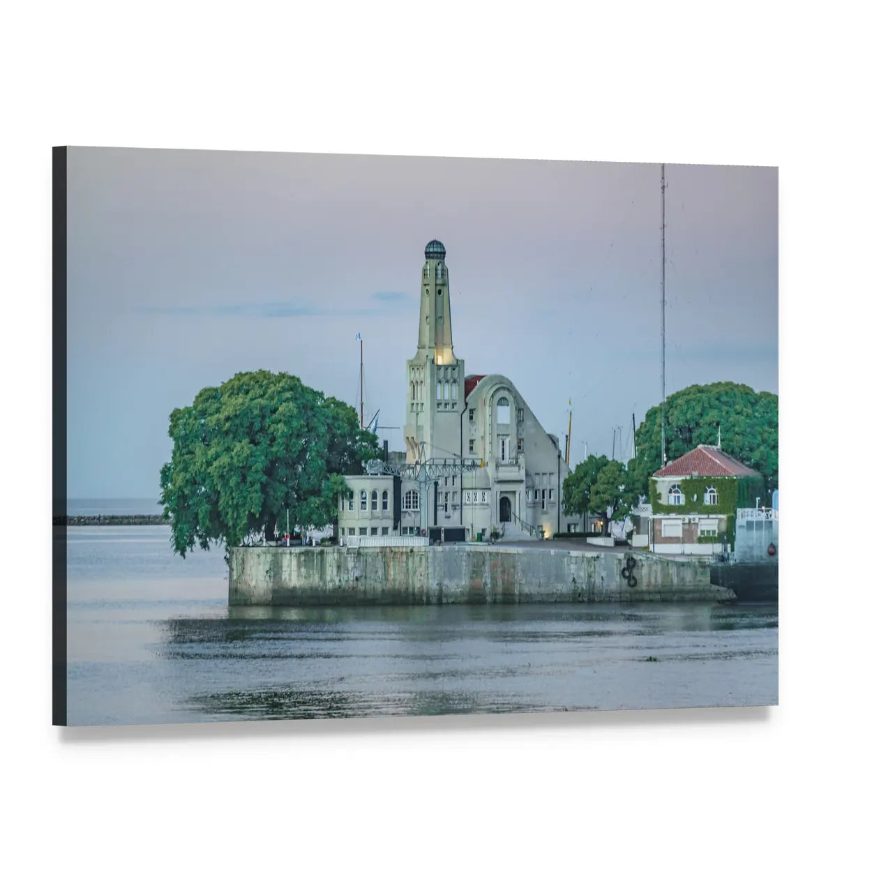 Lighthouse-style Tower on Calm Waterfront Canvas Wall Art, single panel gallery wrapped canvas, angled product view