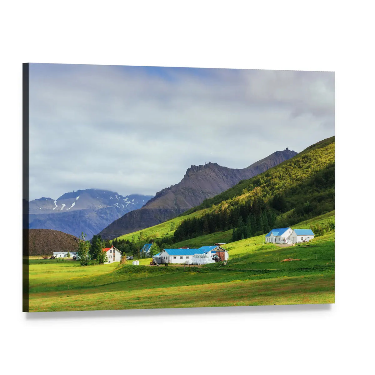 Farmhouses Below Snow-capped Mountains Canvas Wall Art, single panel gallery wrapped canvas, angled product view