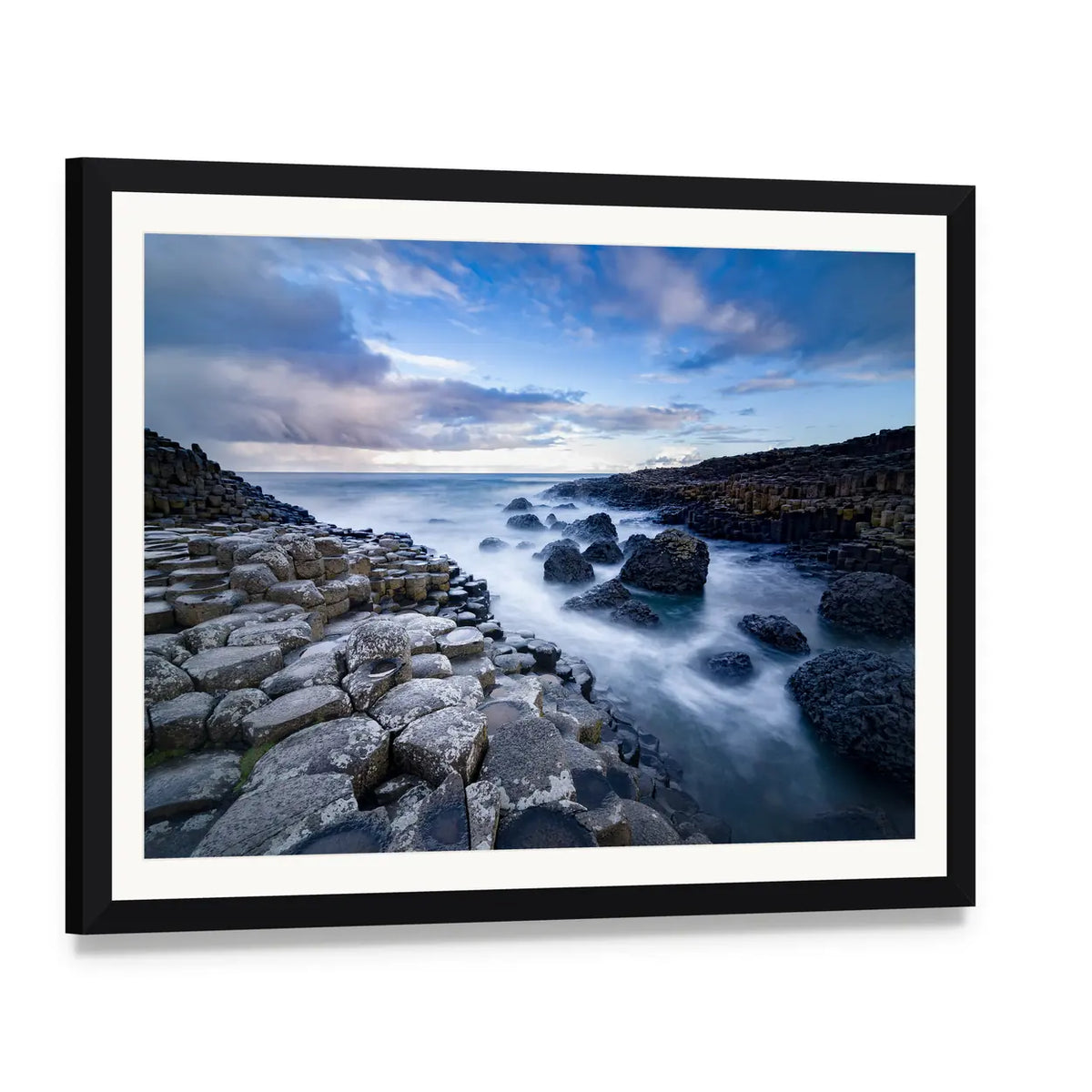 Giant's Causeway Basalt Columns, Ireland Canvas Wall Art, framed print with white mat and black frame, angled product view