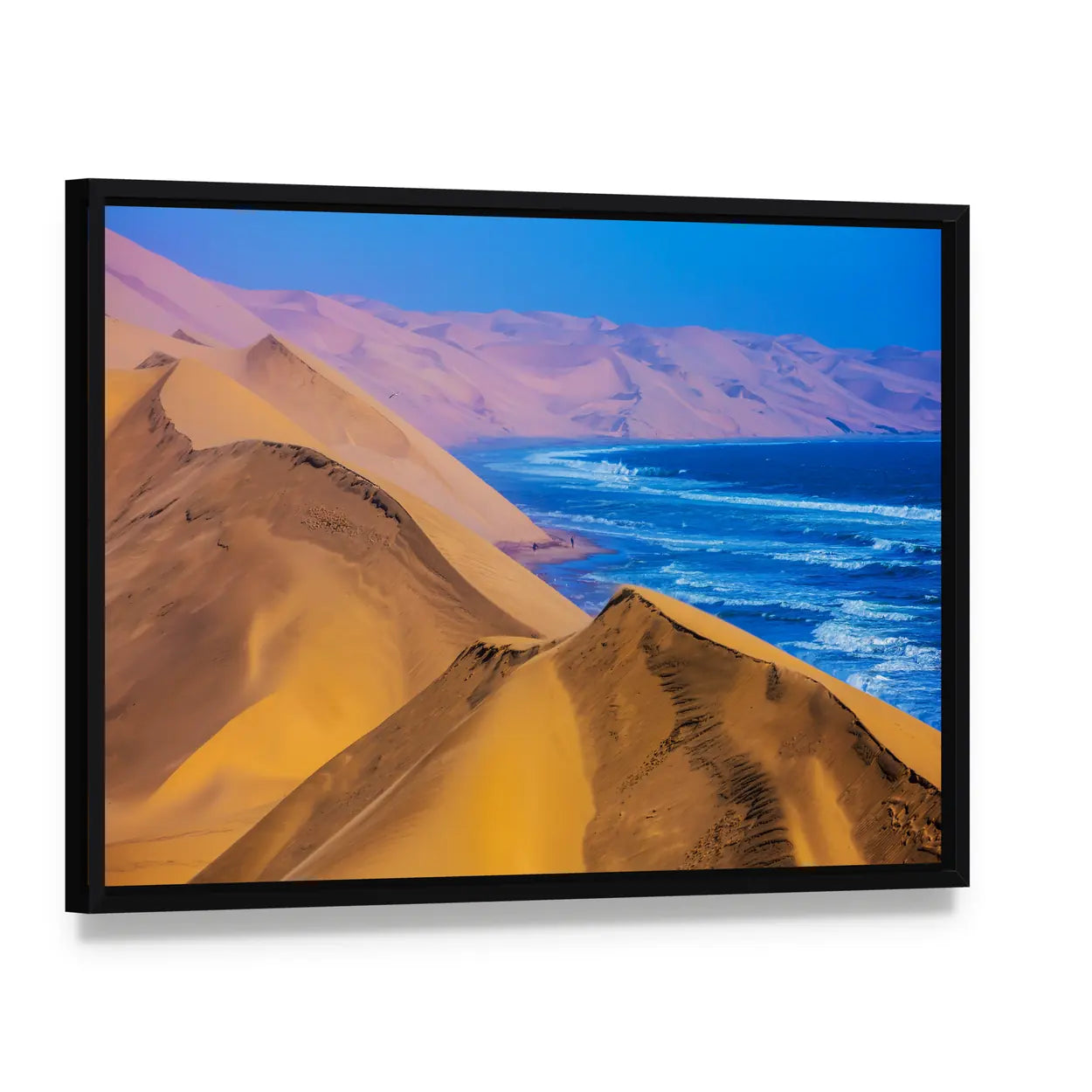 Namibia Sand Dunes Along the Atlantic Coast Canvas Wall Art, framed canvas in a black floater frame, angled product view