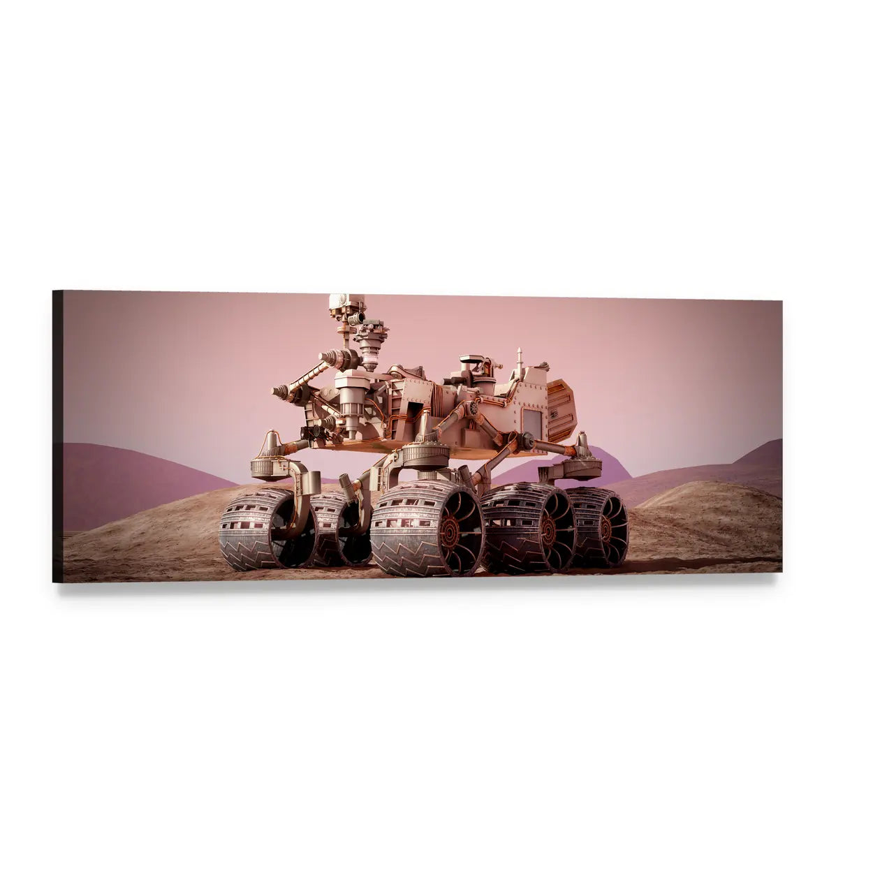 Six-wheeled Mars Rover on Dusty Plains Panoramic Canvas Wall Art, single panel gallery wrapped canvas, angled product view