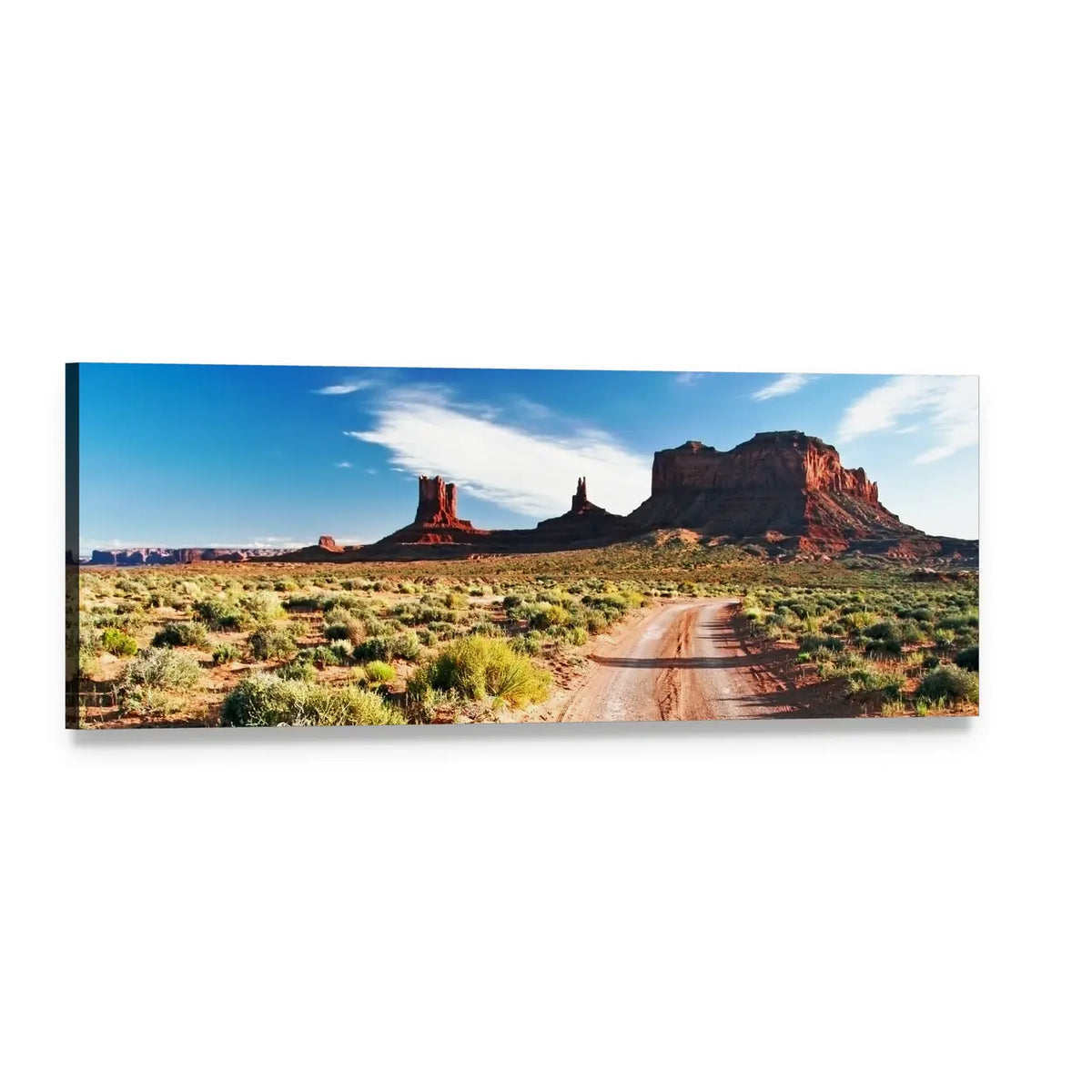 Sunny Monument Valley Desert Road Panoramic Canvas Wall Art, single panel gallery wrapped canvas, angled product view