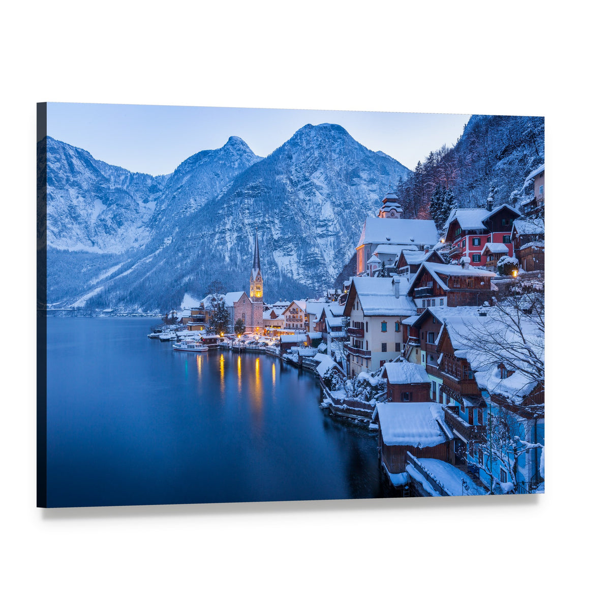 Serene Hallstatt Lakeside Village View Canvas Wall Art, single panel gallery wrapped canvas, angled product view