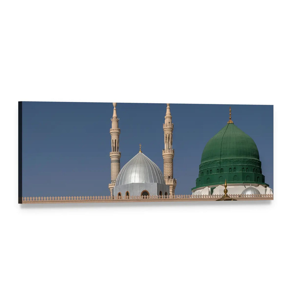 Green Dome and Minarets of Al-masjid An-nabawi Panoramic Canvas Wall Art, single panel gallery wrapped canvas, angled product view