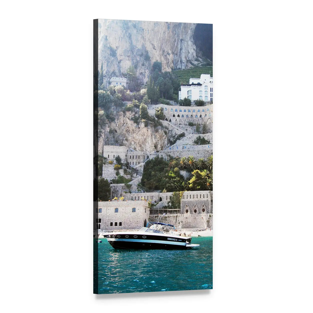 Motor Yacht at Turquoise Cliffs Vertical Canvas Wall Art, 1 panel 1 Vertical layout gallery wrapped canvas set, angled product view