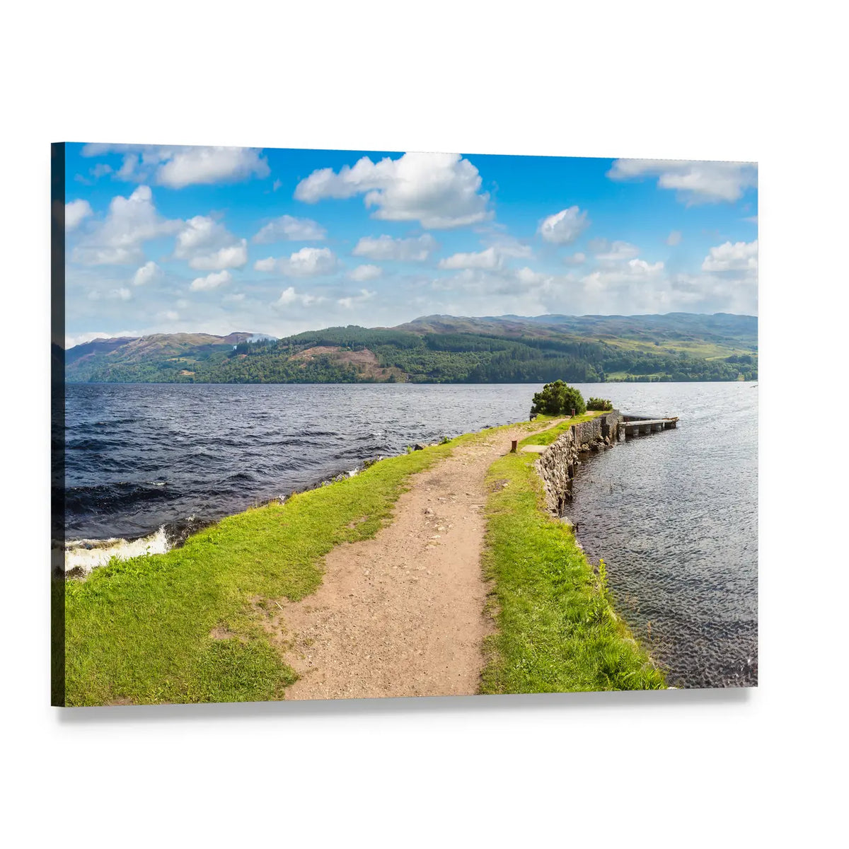 Loch Ness Landscape with Path and Stone Canvas Wall Art, single panel gallery wrapped canvas, angled product view