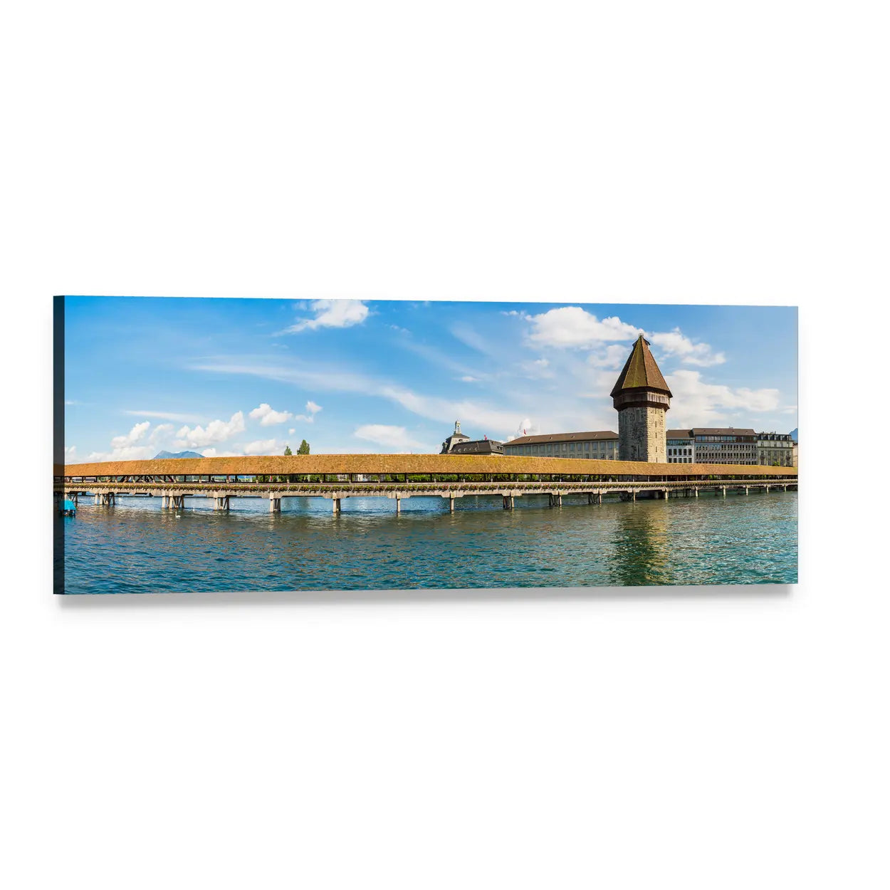 Chapel Bridge in Lucerne Panoramic Canvas Wall Art, single panel gallery wrapped canvas, angled product view