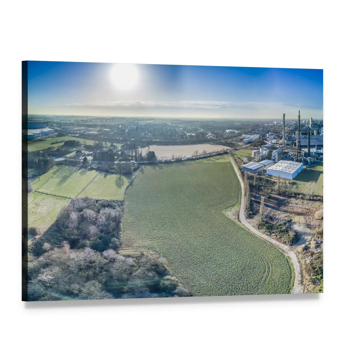 Aerial Fields with Smokestacks Canvas Wall Art, single panel gallery wrapped canvas, angled product view