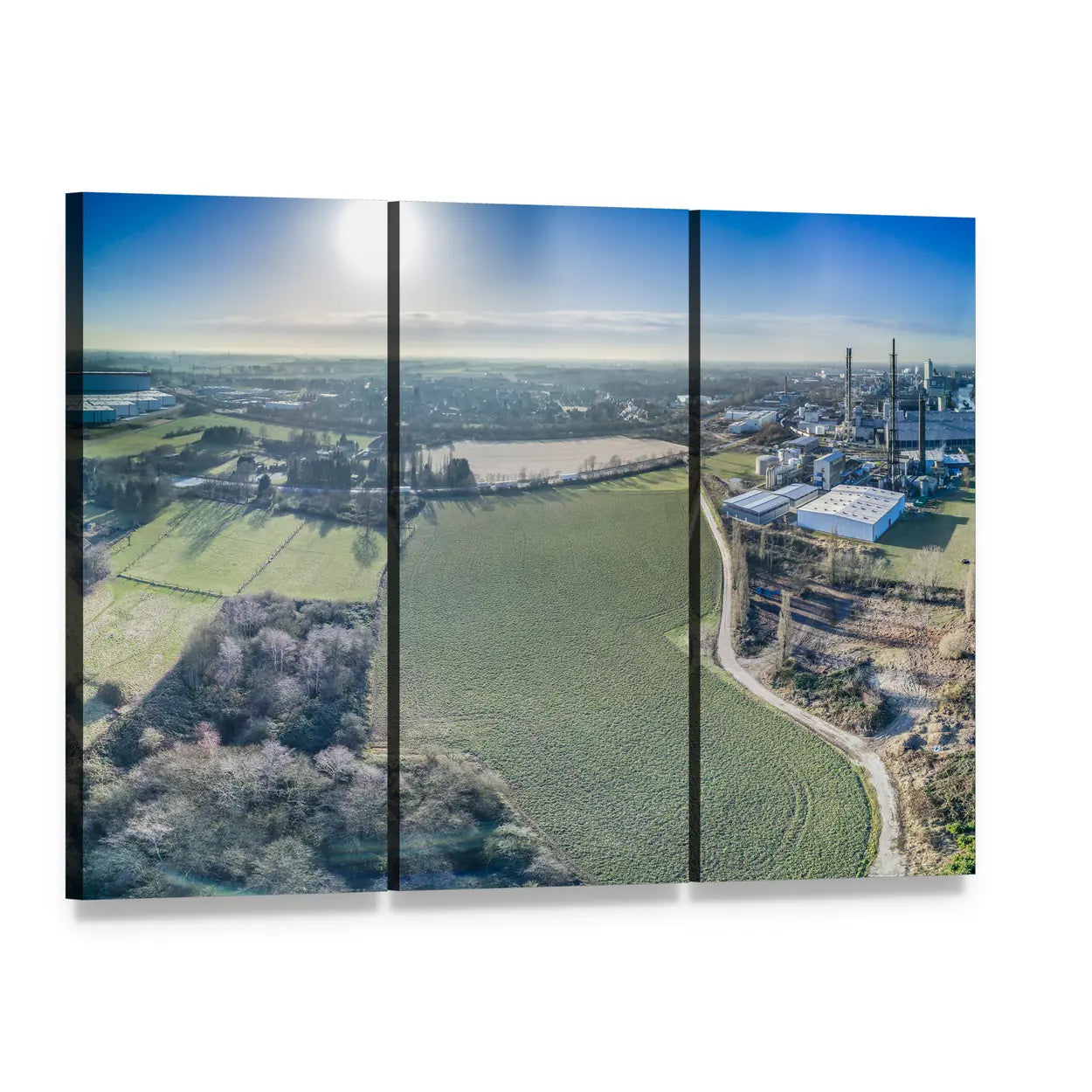 Aerial Fields with Smokestacks Canvas Wall Art, 3 panel 3 Horizontal layout gallery wrapped canvas set, angled product view