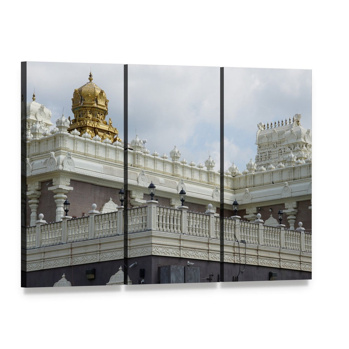 Sri Venkateswara Temple with Golden Dome Canvas Wall Art, 3 panel 3 Horizontal layout gallery wrapped canvas set, angled product view