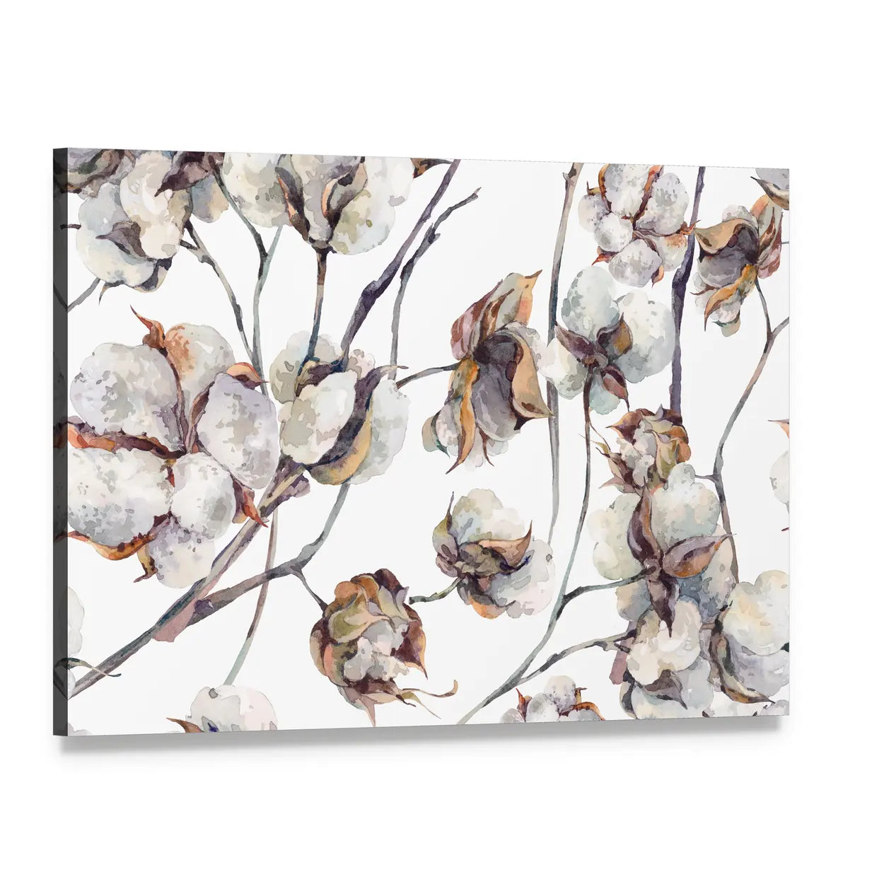 Cotton Bolls Watercolor Pattern Canvas Wall Art, single panel gallery wrapped canvas, angled product view