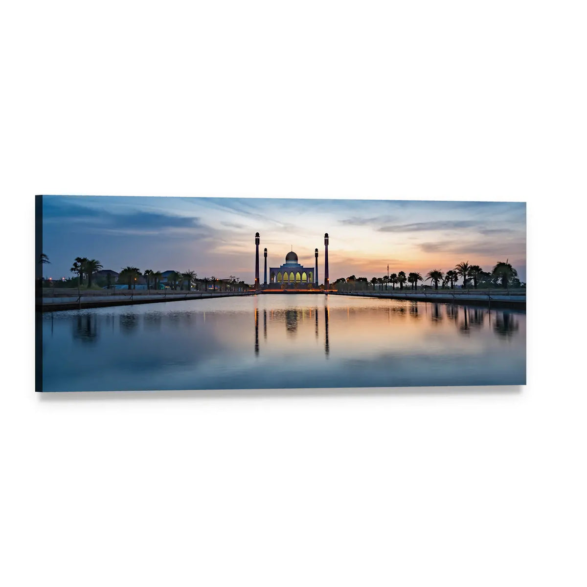 Central Mosque at Twilight Panoramic Canvas Wall Art, single panel gallery wrapped canvas, angled product view