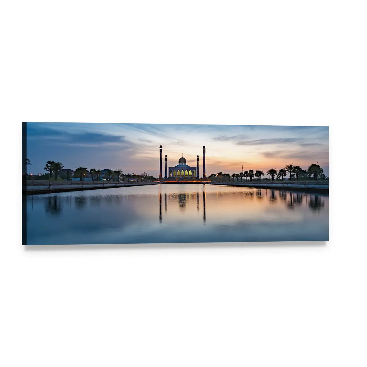Central Mosque at Twilight Panoramic Canvas Wall Art, single panel gallery wrapped canvas, angled product view