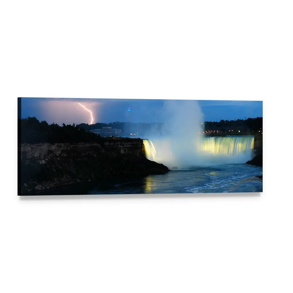 Night Storm Over Waterfall Panoramic Canvas Wall Art, single panel gallery wrapped canvas, angled product view