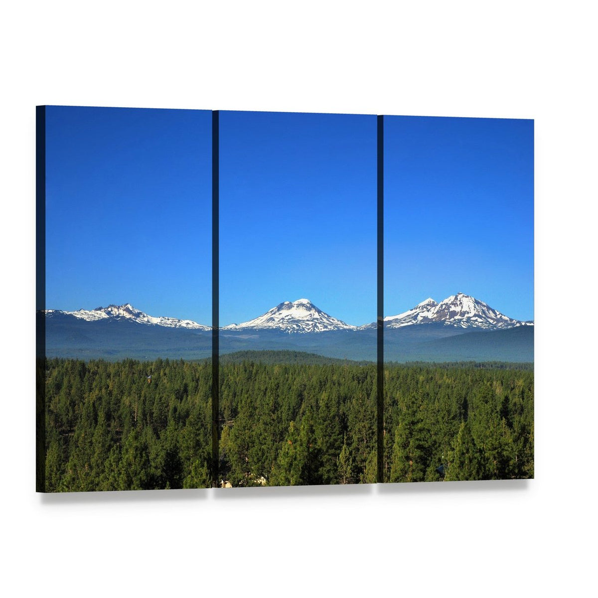 Three Sisters Mountains Oregon Canvas Wall Art, 3 panel 3 Horizontal layout gallery wrapped canvas set, angled product view
