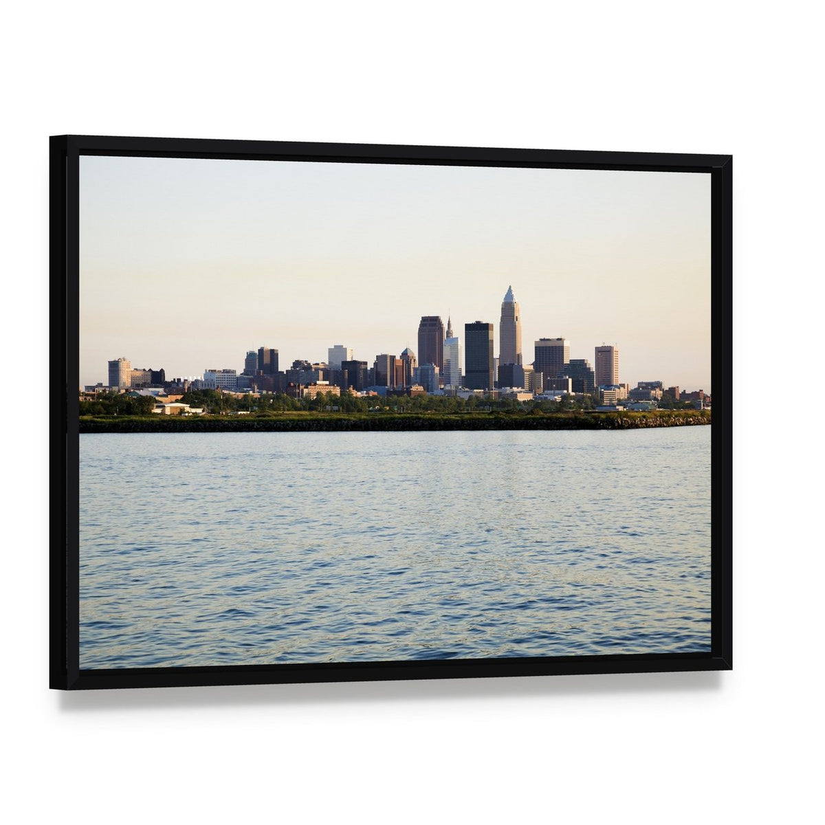Downtown Cleveland Canvas Wall Art, framed canvas in a black floater frame, angled product view