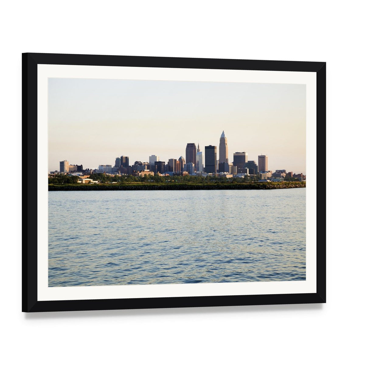 Downtown Cleveland Canvas Wall Art, framed print with white mat and black frame, angled product view