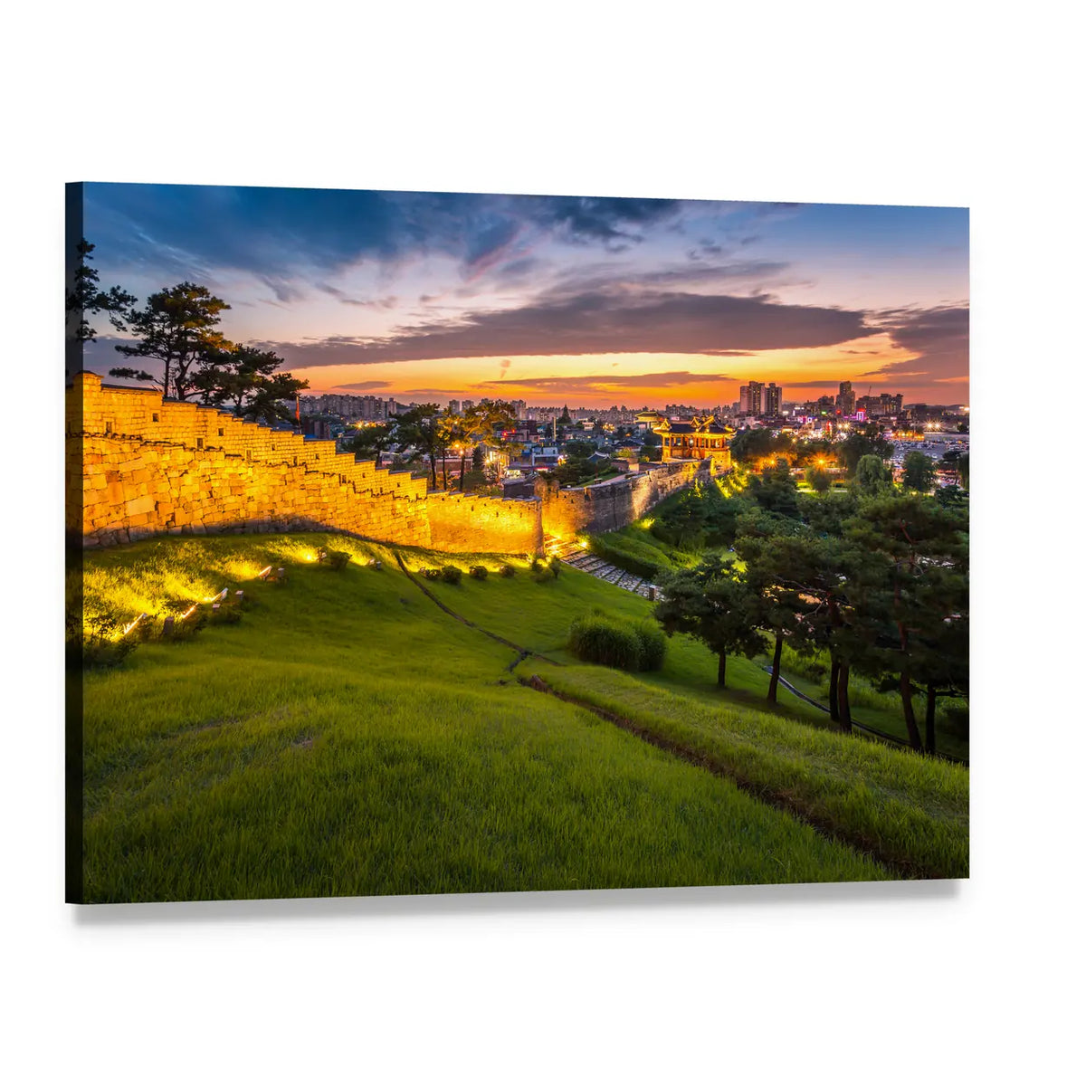 Hwaseong Fortress at Sunset Canvas Wall Art, single panel gallery wrapped canvas, angled product view