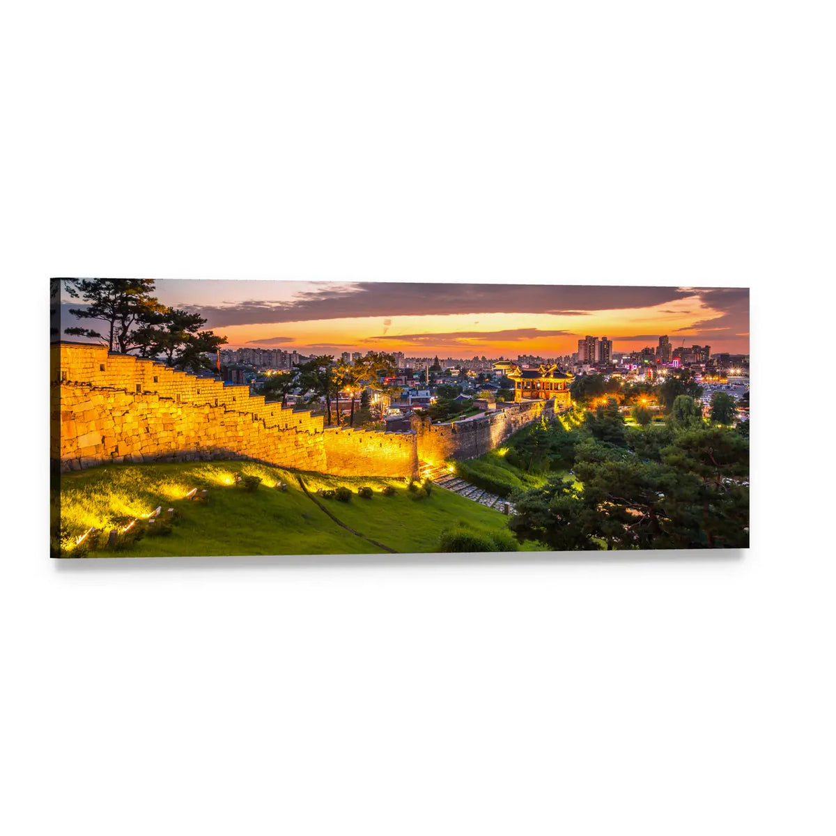 Hwaseong Fortress at Sunset Panoramic Canvas Wall Art, single panel gallery wrapped canvas, angled product view