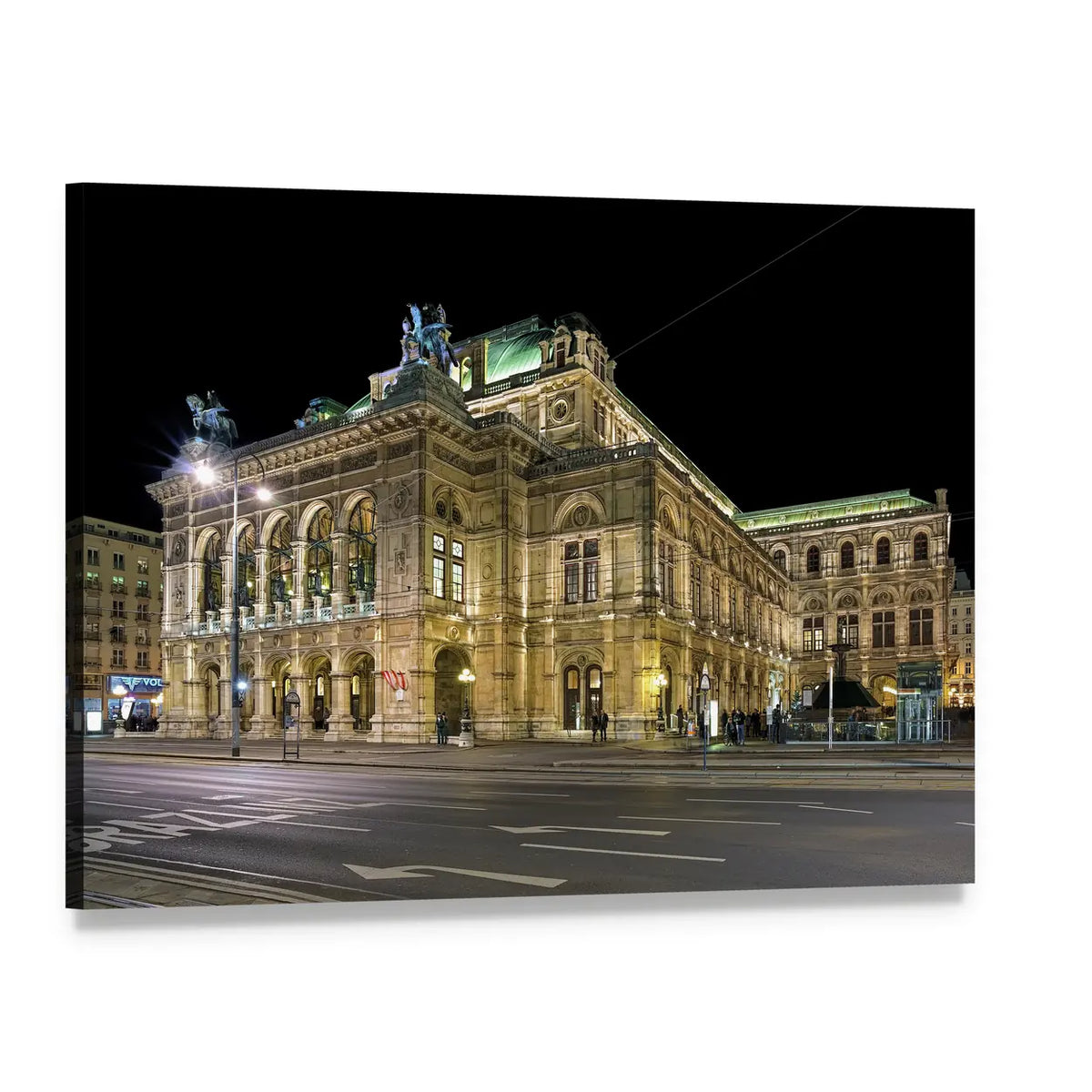 Night View of Vienna State Opera Canvas Wall Art, single panel gallery wrapped canvas, angled product view