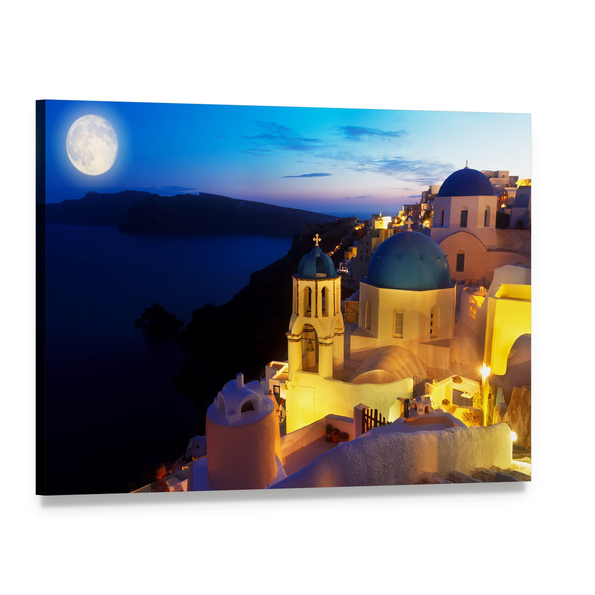 Night Over Oia Village in Santorini Canvas Wall Art, single panel gallery wrapped canvas, angled product view