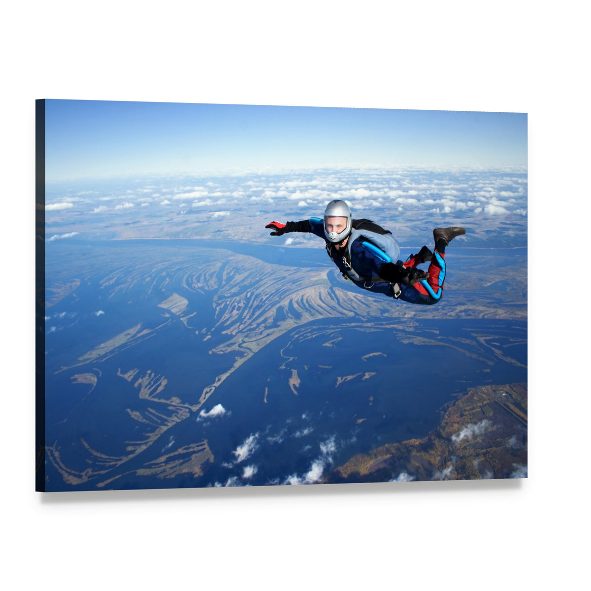 Skydiver Over River Delta Canvas Wall Art, single panel gallery wrapped canvas, angled product view